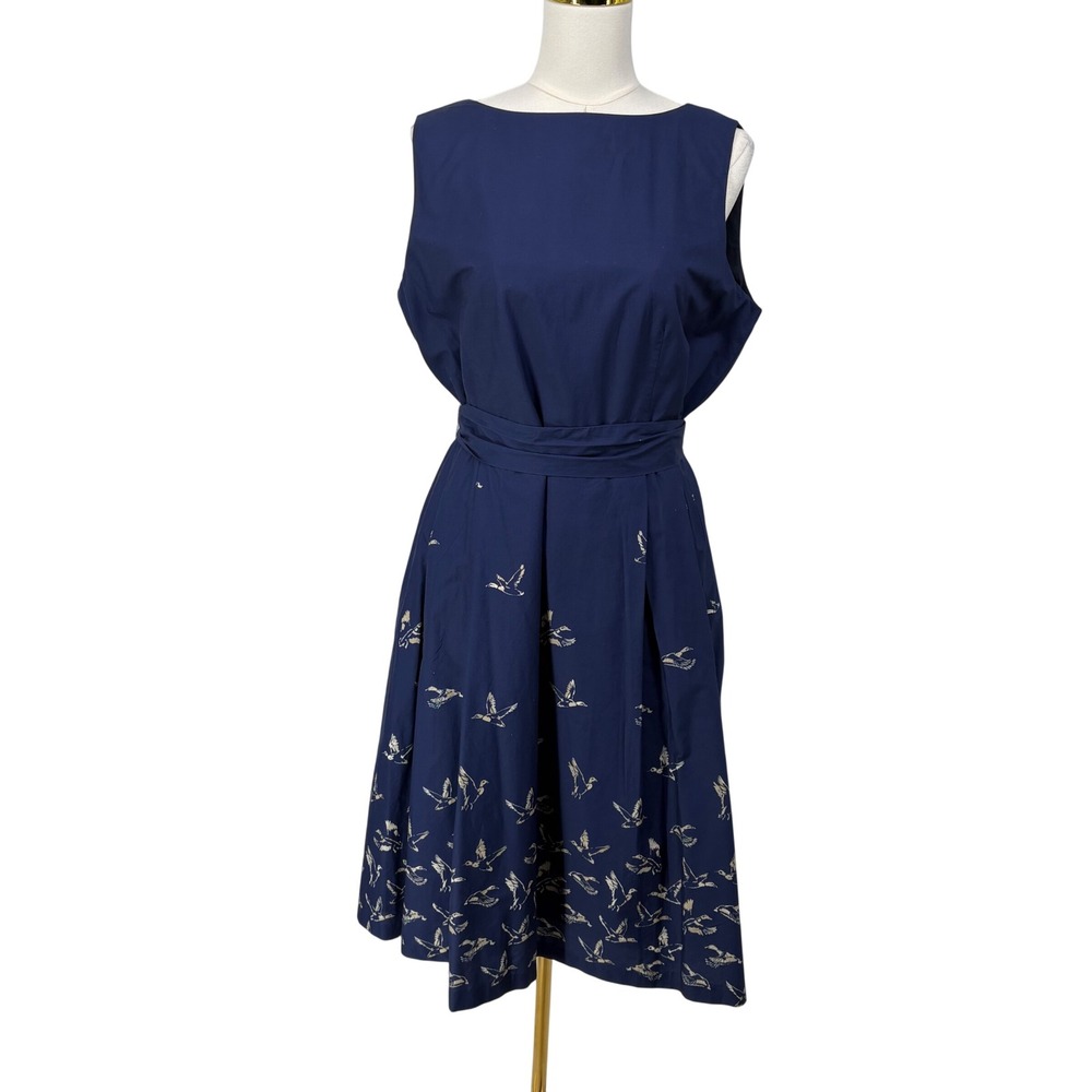 LL Bean Signature Navy Blue Cotton Duck Print Poplin‎ Dress 16 Preppy 502888 New